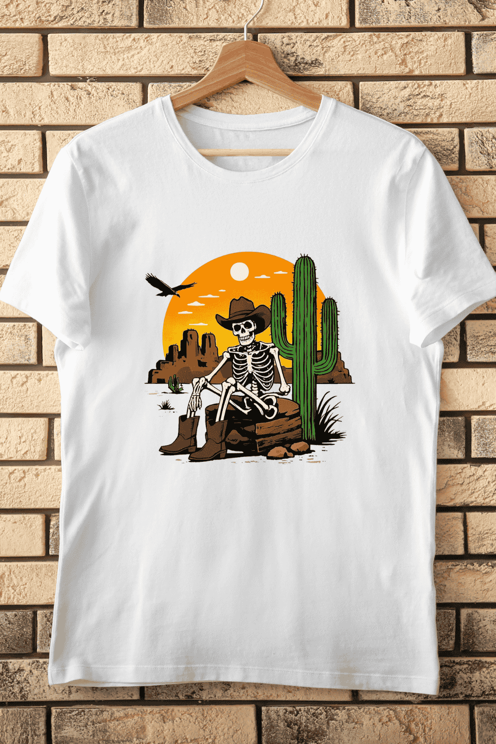 Cowboy Skeleton Desert Scene PNG T-Shirt Design pinterest preview image.