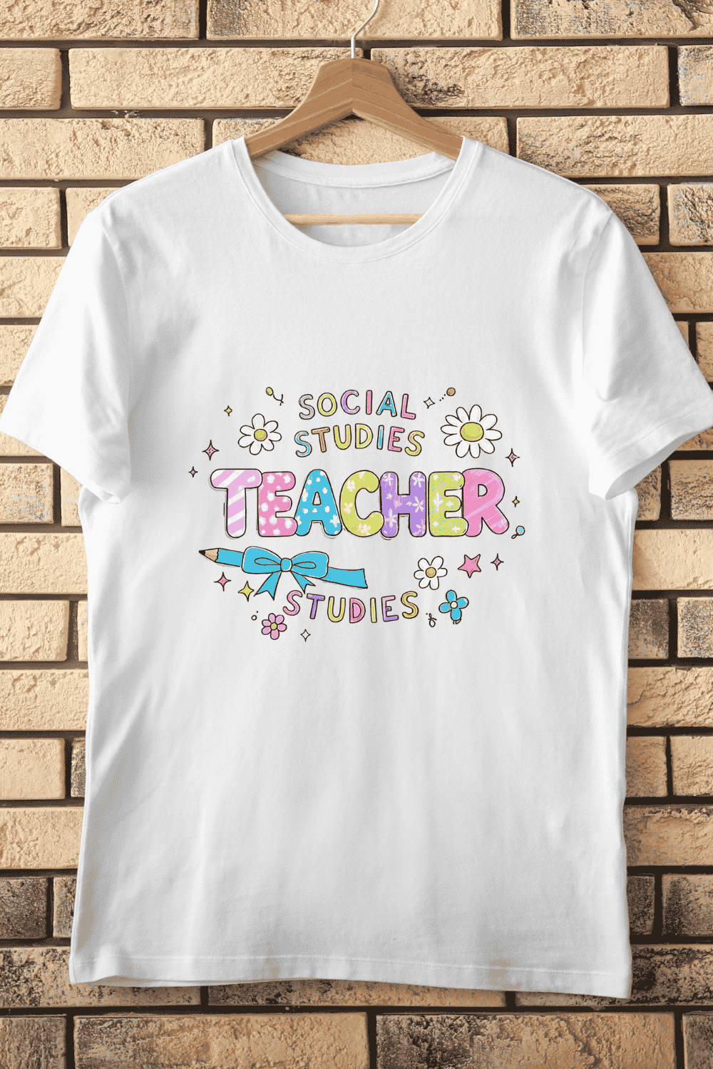Social Studies Teacher with Pastel Colors and Daisies T-Shirt Design pinterest preview image.