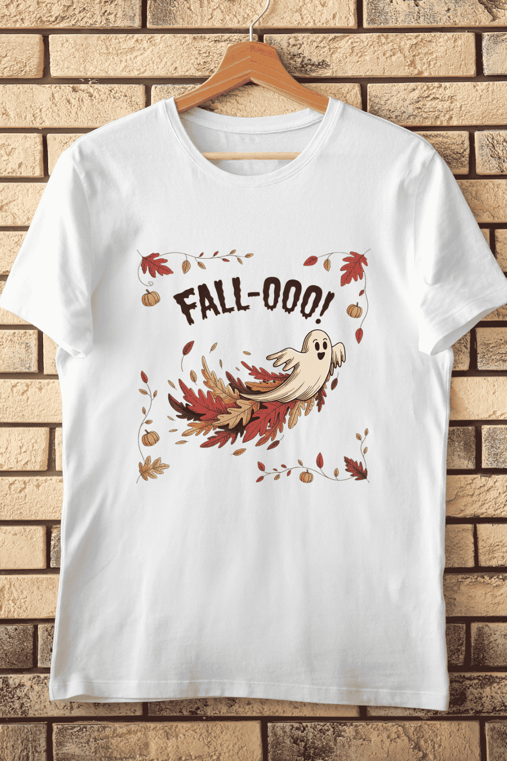 Fall-Ooo! Cute Ghost Autumn Leaves T-Shirt Design pinterest preview image.