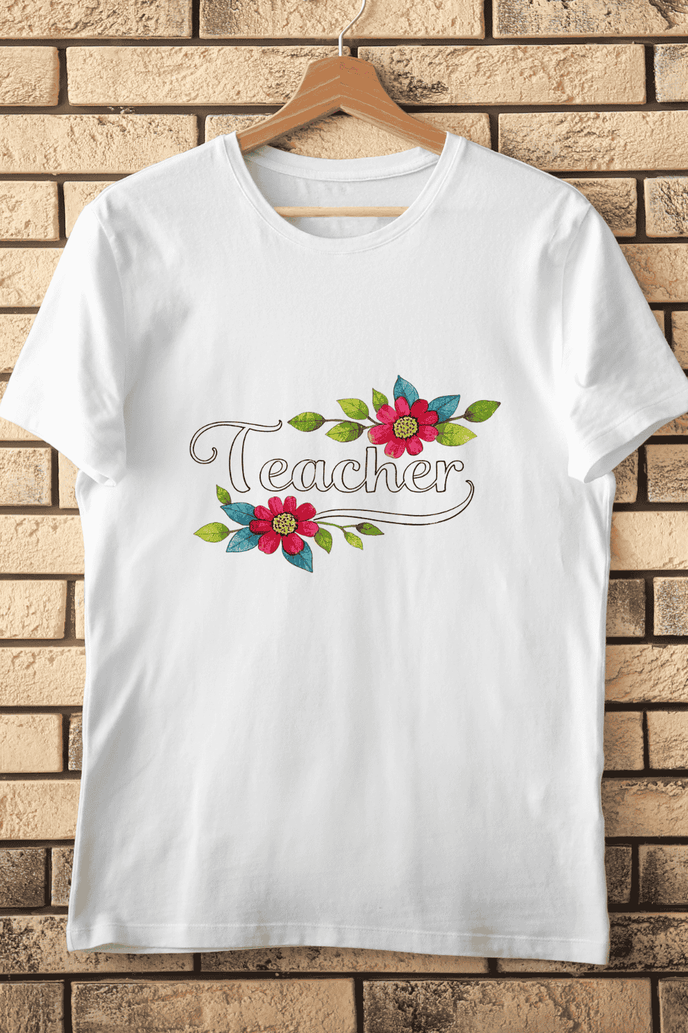 Teacher Typography with Flowers-2 T-Shirt Design pinterest preview image.