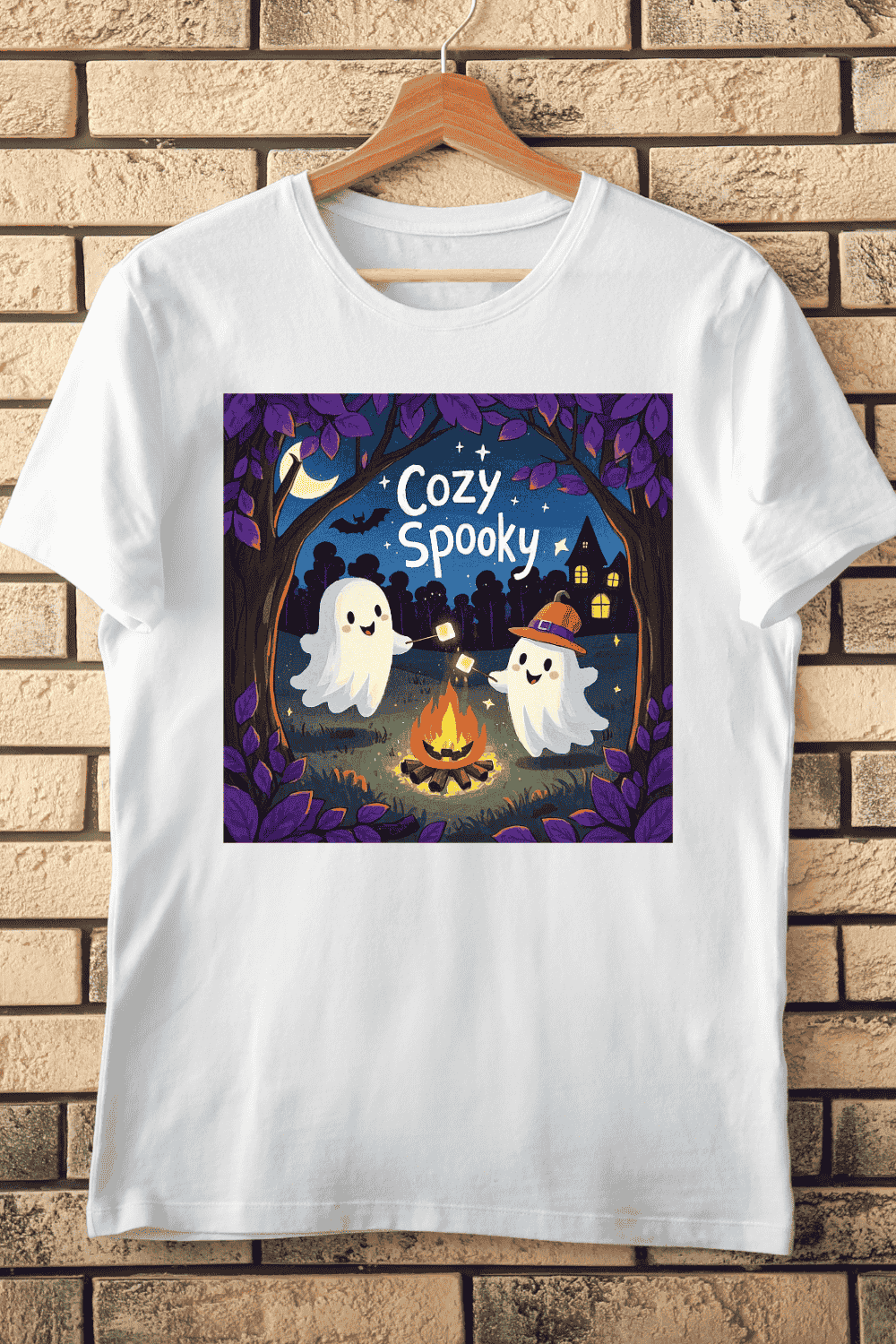Whimsical Night with Ghosts and Campfire T-Shirt Design pinterest preview image.
