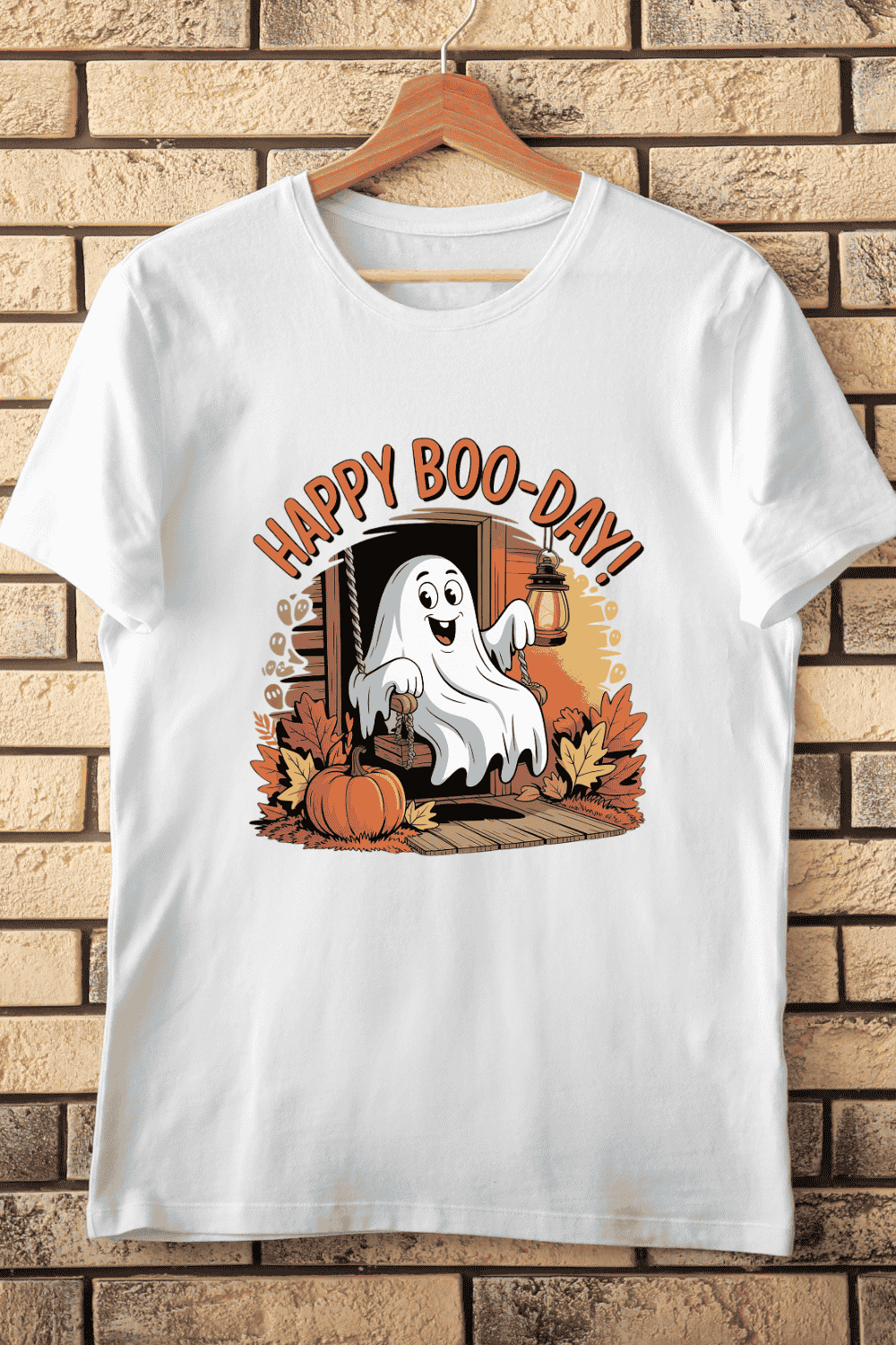 Happy Boo-Day Ghost Swing T-Shirt Design pinterest preview image.