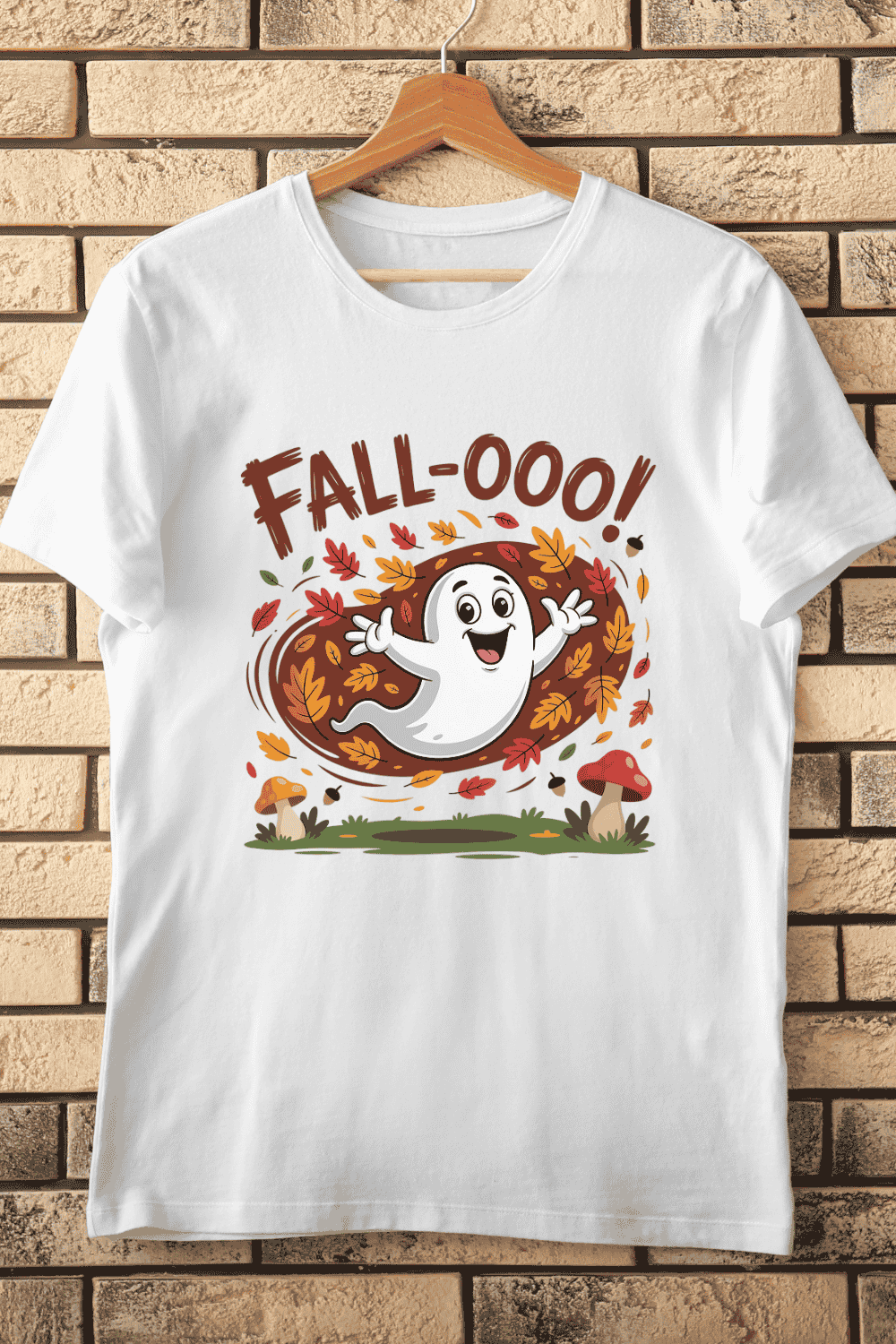 Pumpkin Leaves Ghost Happy Fall T-Shirt Design pinterest preview image.