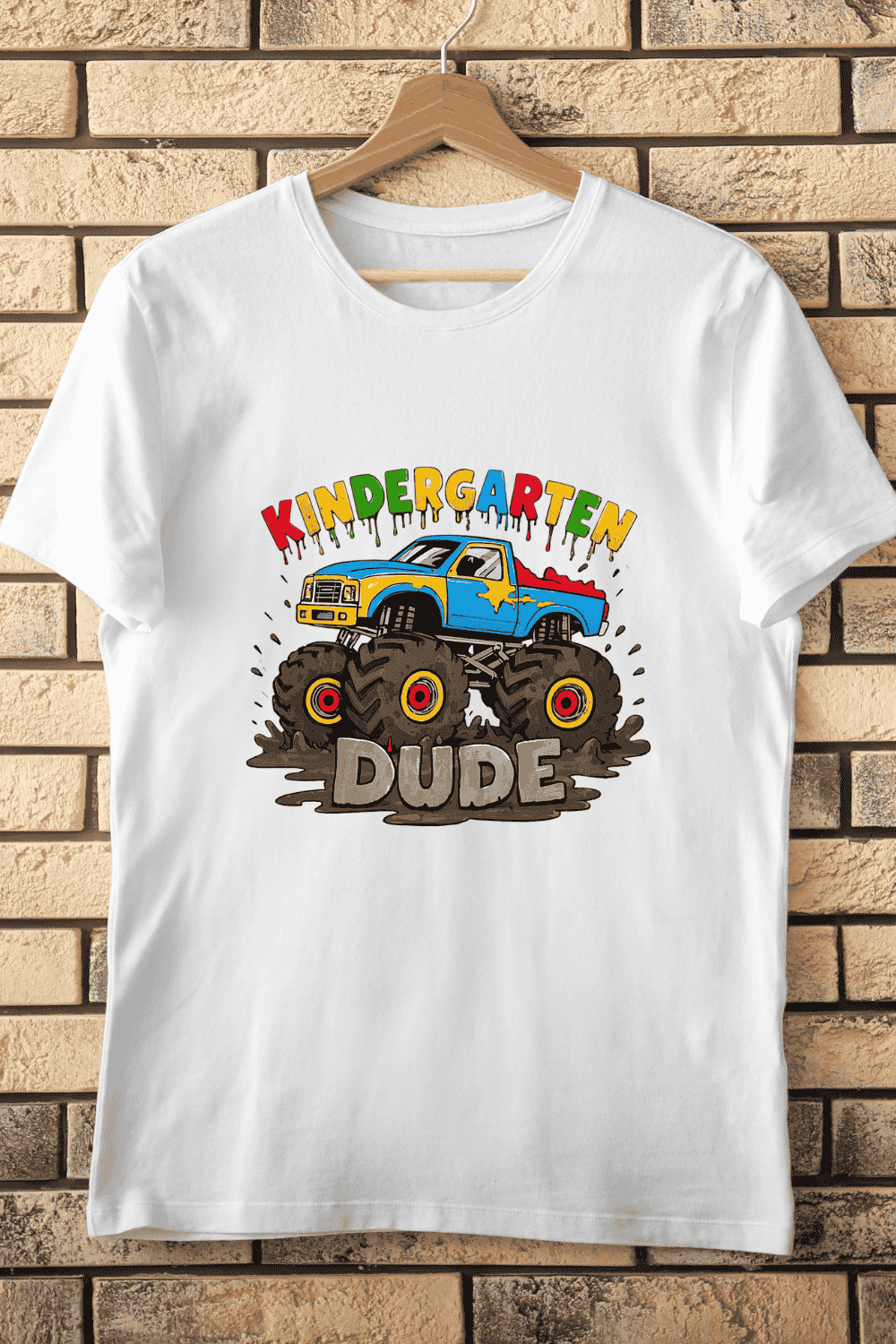 Colorful Monster Truck Kindergarten Dude T-Shirt Design pinterest preview image.