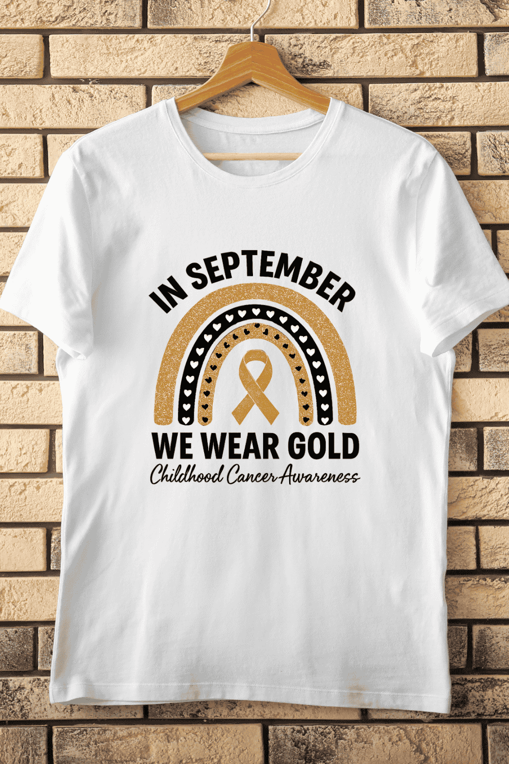 In September We Wear Gold for Childhood Cancer T-Shirt Design pinterest preview image.