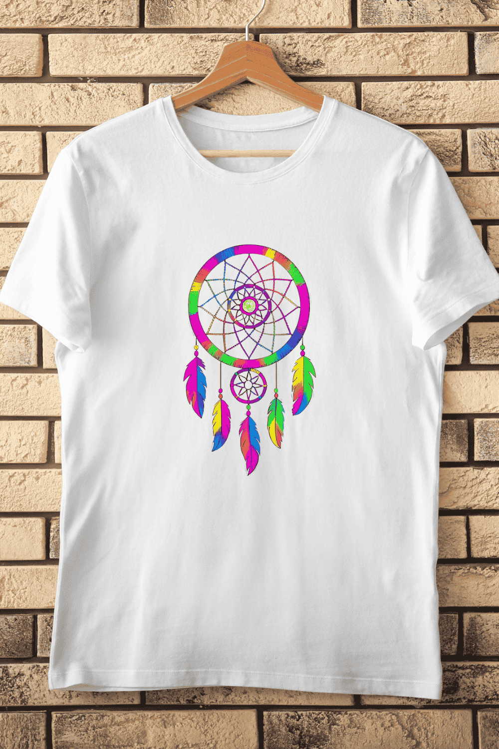 Colorful Rainbow Dreamcatcher T-Shirt Design pinterest preview image.