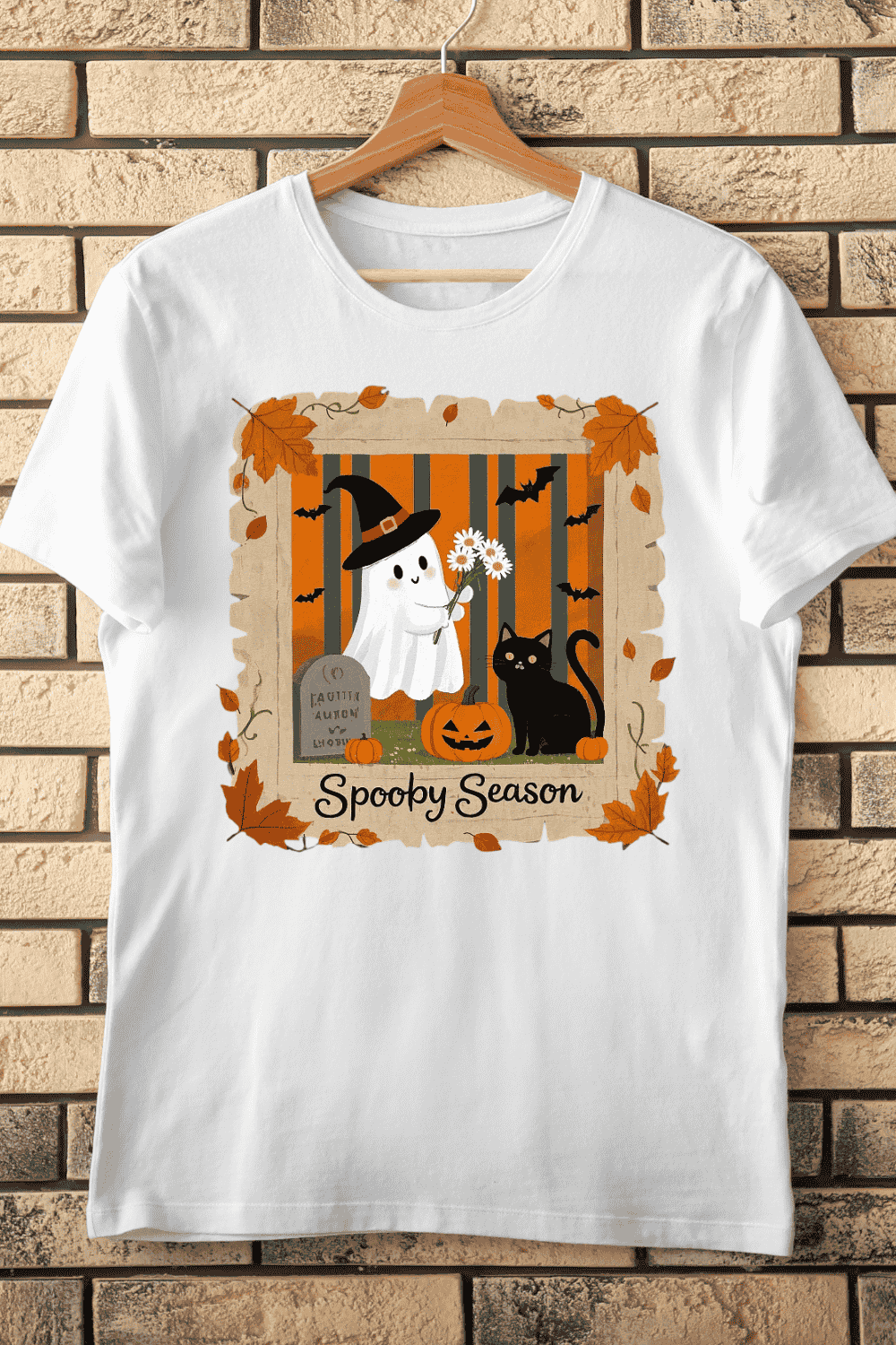 Cute Spoopy Season Ghost and Black Cat T-Shirt Design pinterest preview image.