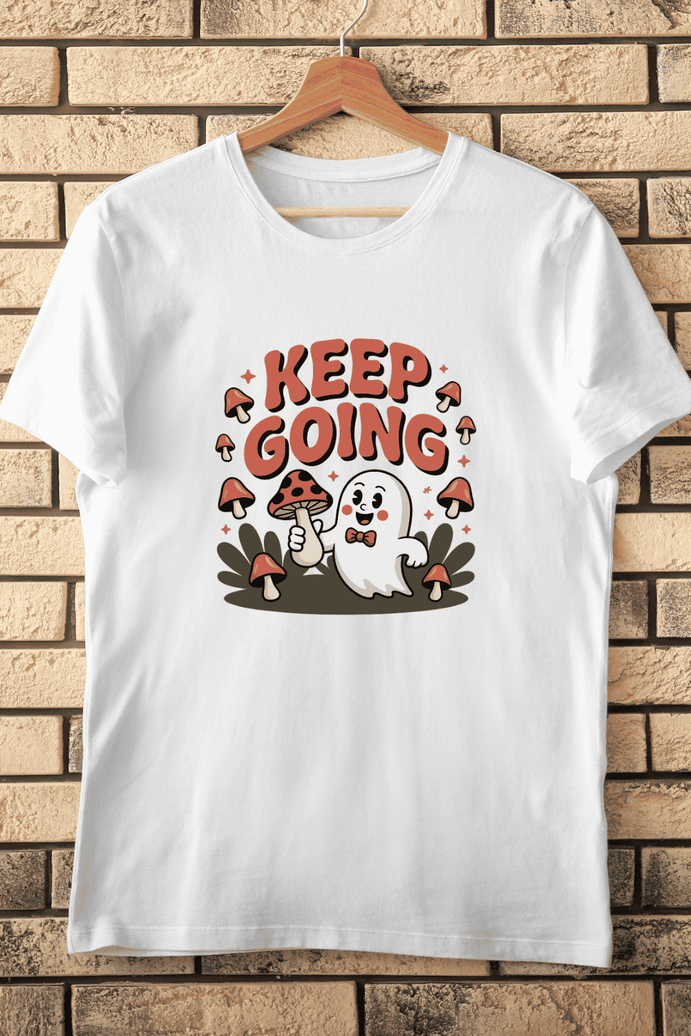 Keep Going Retro Ghost Mushroom PNG T-Shirt Design pinterest preview image.