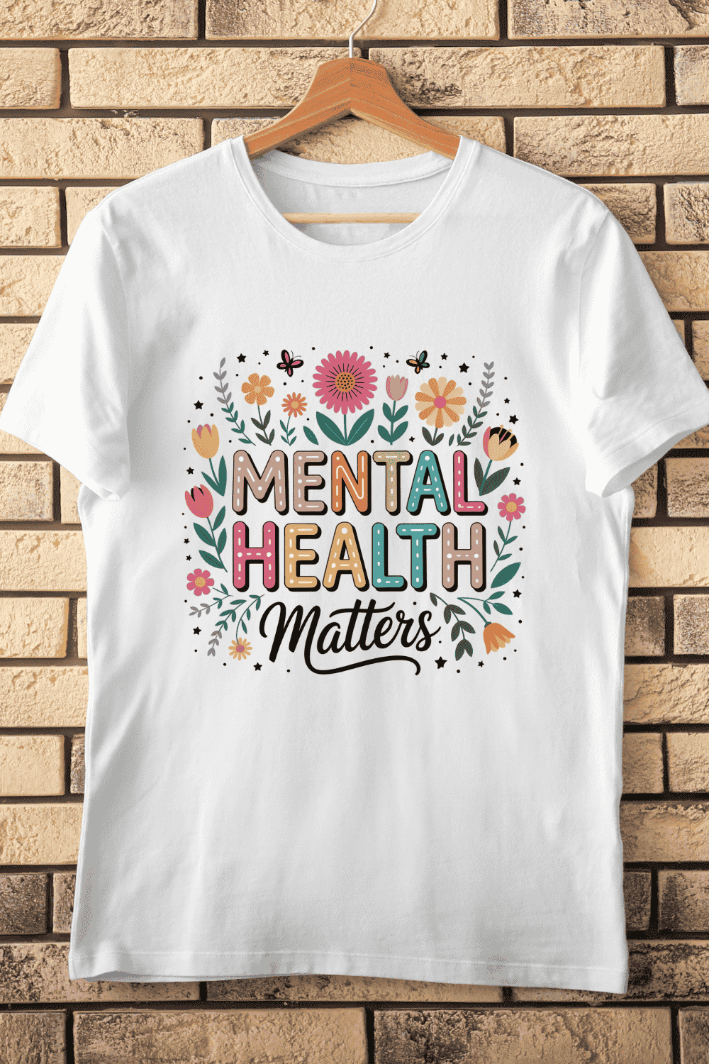 Inspirational Mental Health Matters Floral T-Shirt Design pinterest preview image.