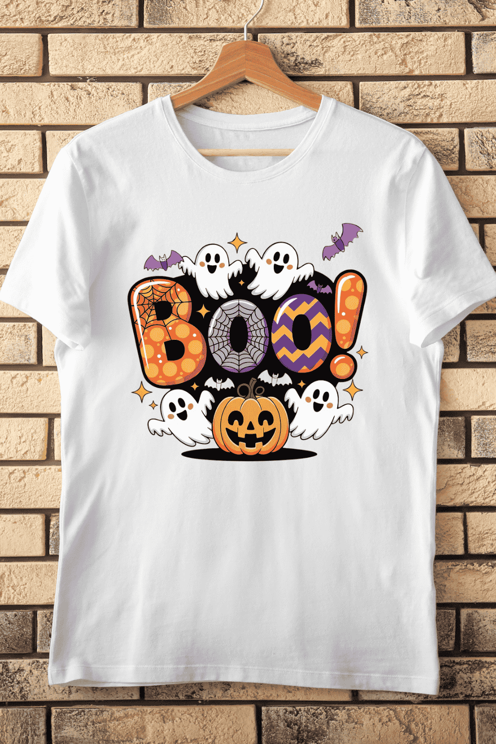 Cute Boo with Ghosts and Pumpkin T-Shirt Design pinterest preview image.