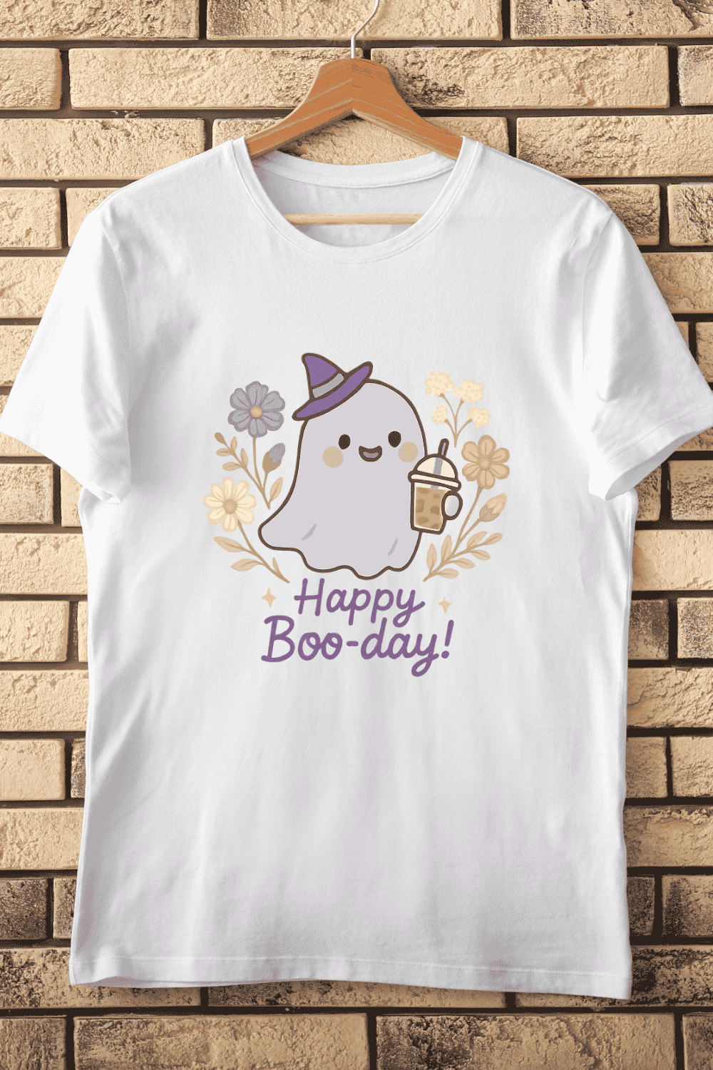 Ghost with Coffee Cup T-Shirt Design pinterest preview image.