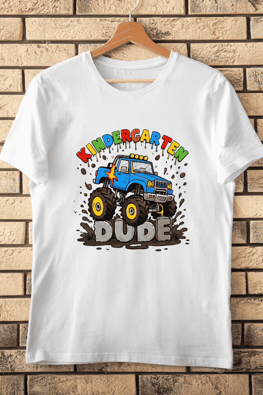 Kindergarten Dude Cartoon Monster Truck Mud Splash T-Shirt Design pinterest preview image.