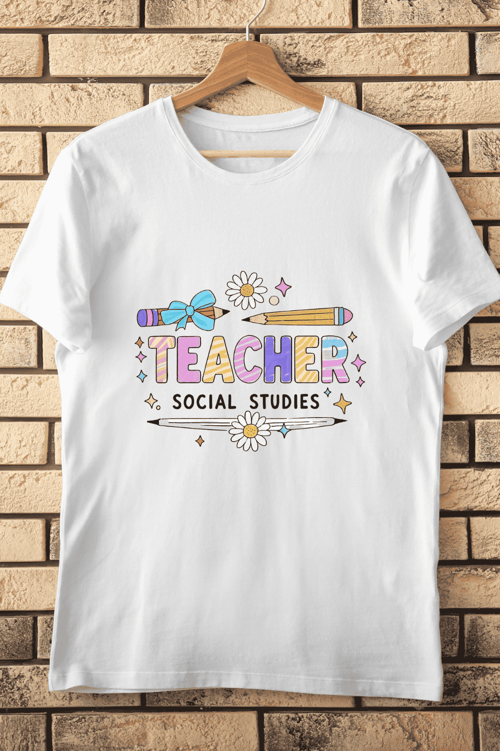 Colorful Teacher Typography with Flower T-Shirt Design pinterest preview image.