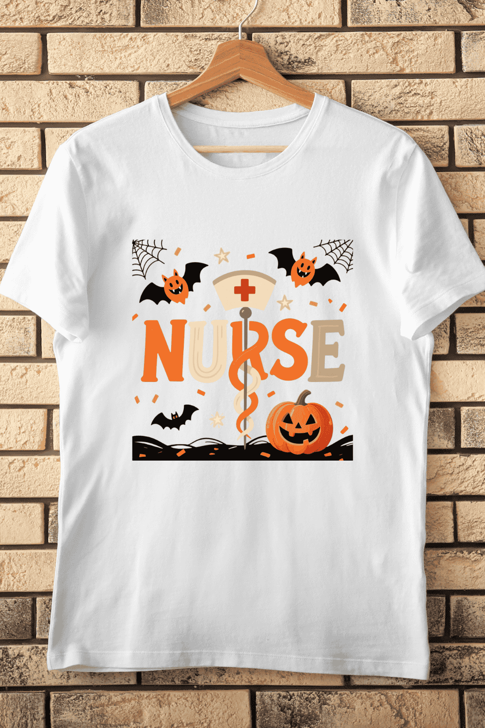 Halloween Nurse Bat Pumpkin T-Shirt Design pinterest preview image.