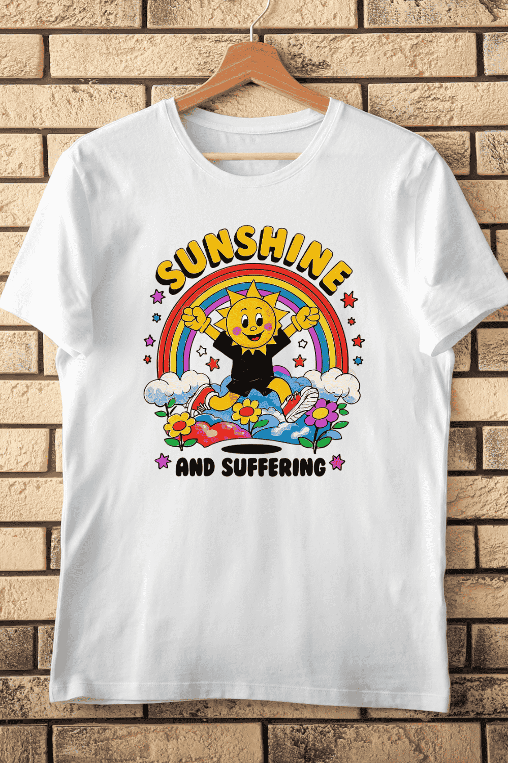 Sunshine and Suffering Retro Sun T-Shirt Design pinterest preview image.