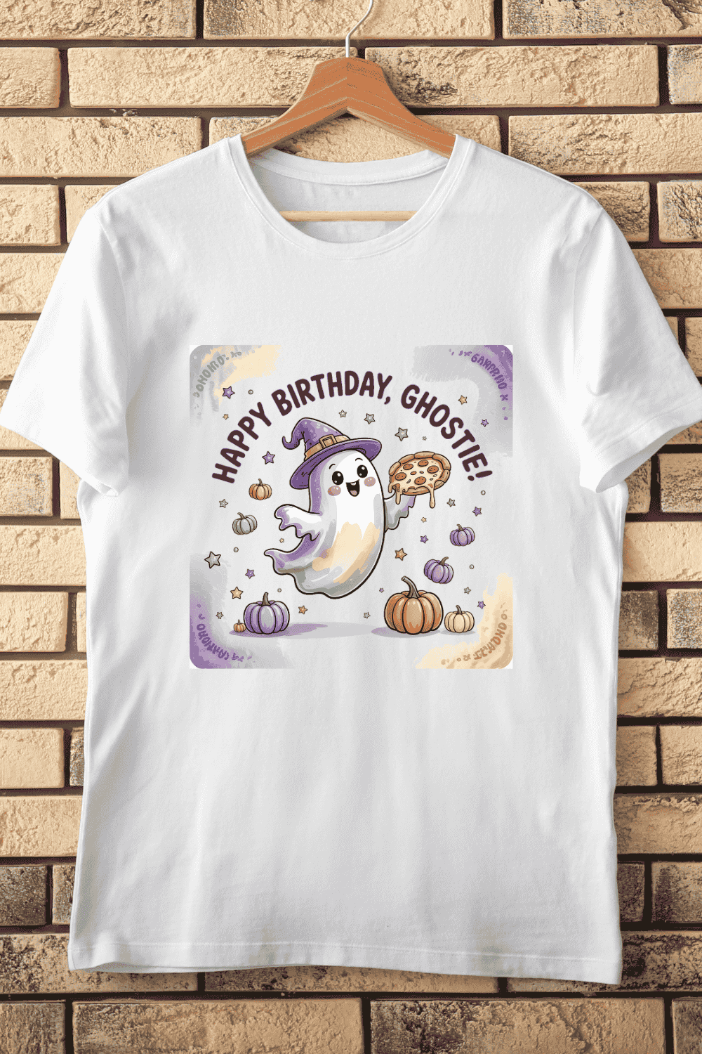 Cute Ghost Birthday Pizza T-Shirt Design pinterest preview image.