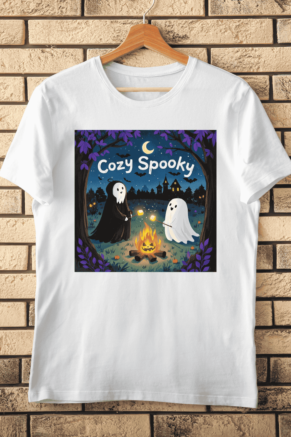 Cozy Spooky Ghost Campfire T-Shirt Design pinterest preview image.
