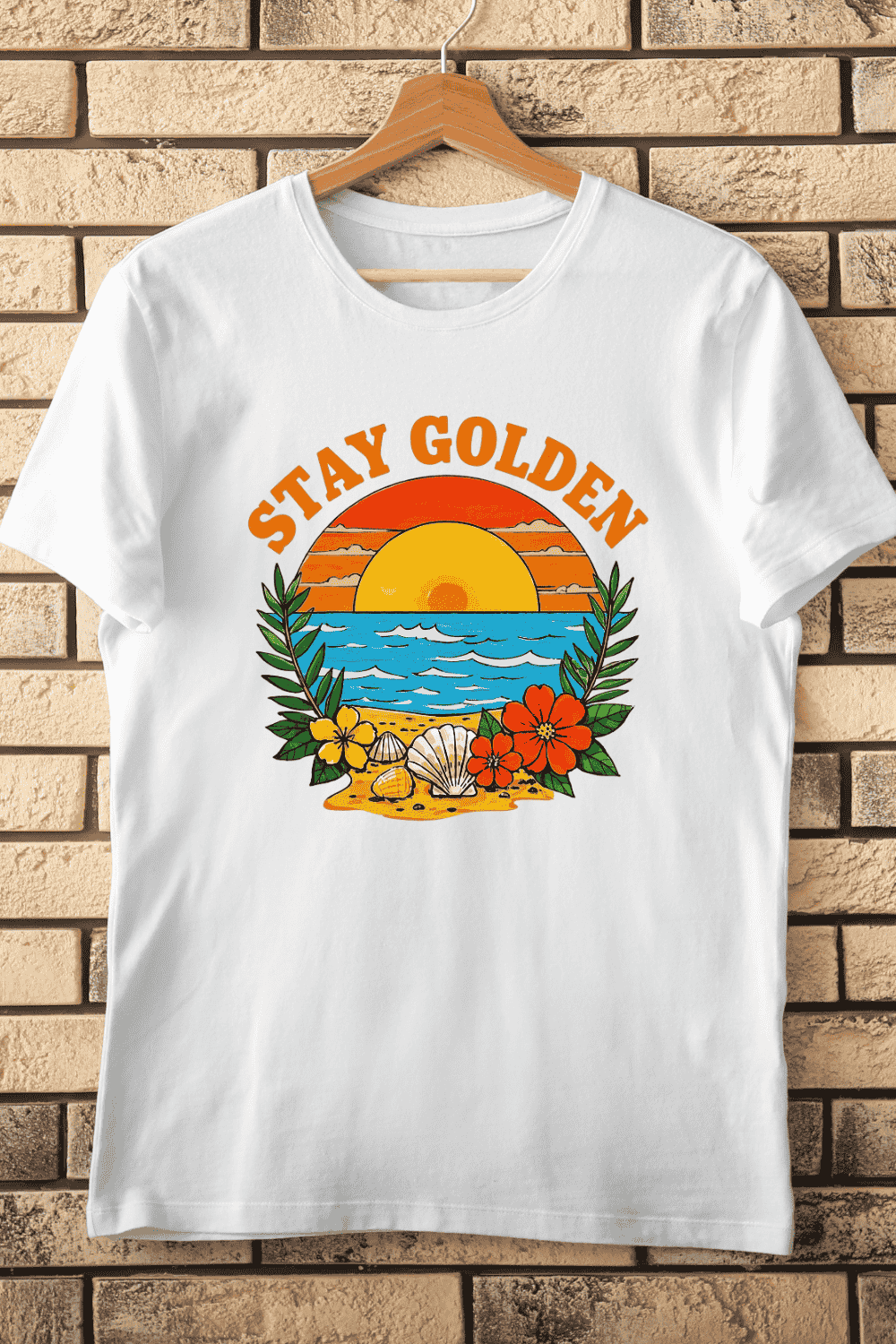 Stay Golden Beach Sunset T-Shirt Design pinterest preview image.