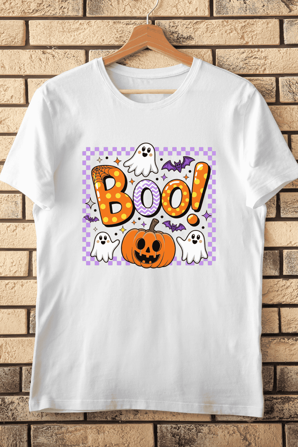 Boo Text with Ghosts, Spider Webs, and Bats T-Shirt Design pinterest preview image.