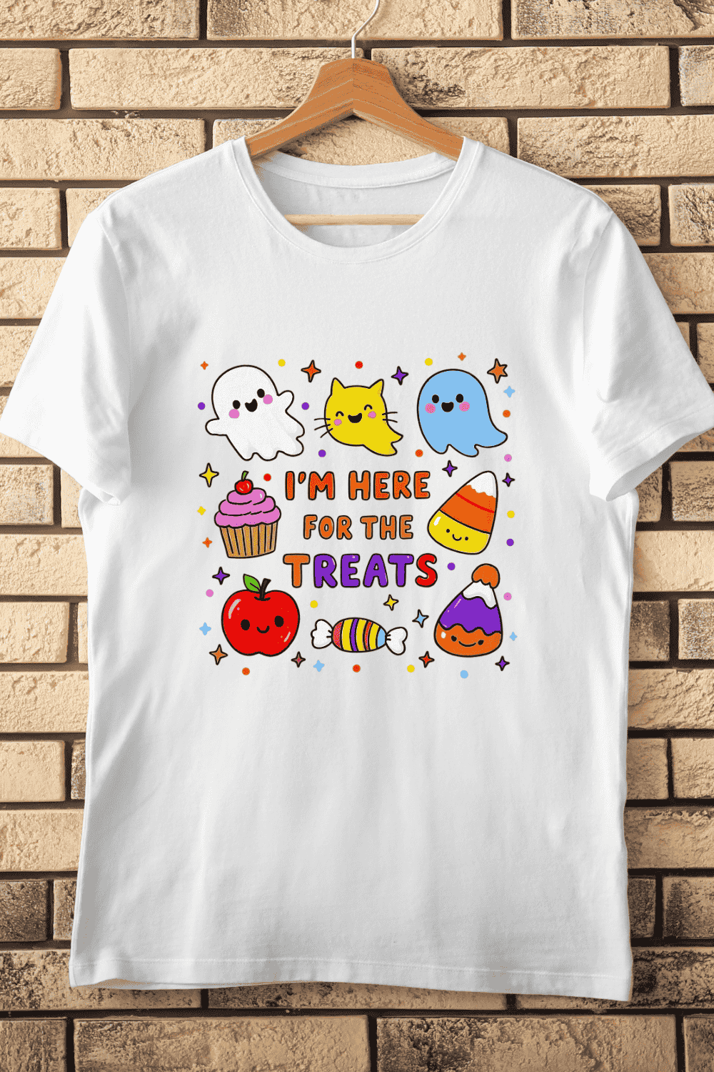 I'm Here For The Treats T-Shirt Design pinterest preview image.