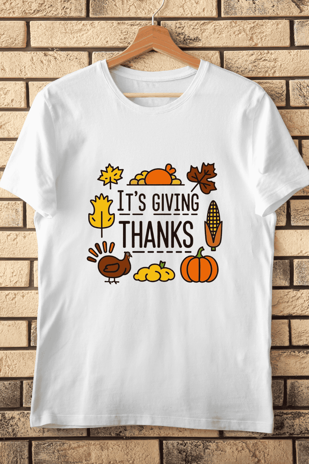 Thanksgiving Pumpkin and Leaves It's Giving Thanks T-Shirt Design pinterest preview image.