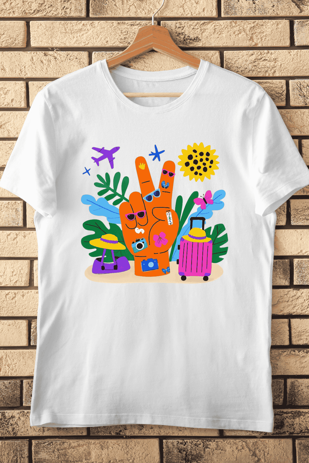 Colorful Travel and Holiday Peace Hand Sign T-Shirt Design pinterest preview image.