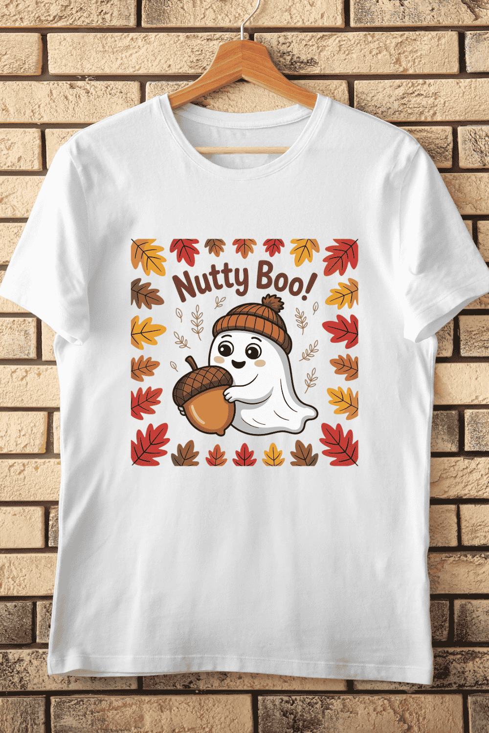 Ghost Acorn Fall Leaves T-Shirt Design pinterest preview image.