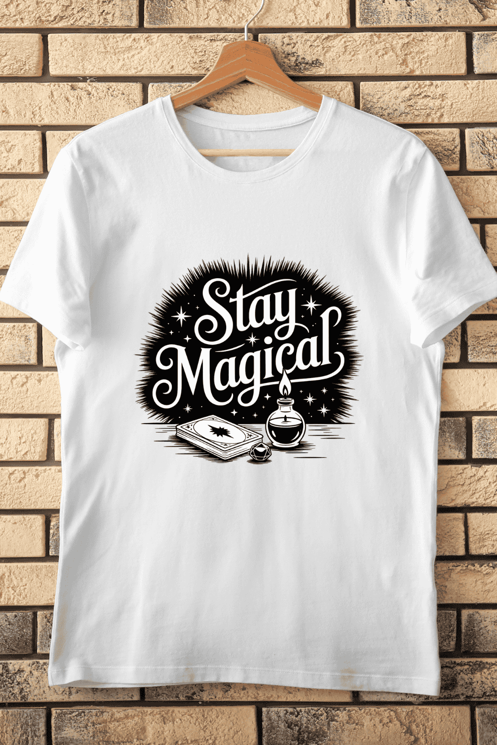 Black and White Stay Magical Fantasy T-Shirt Design pinterest preview image.