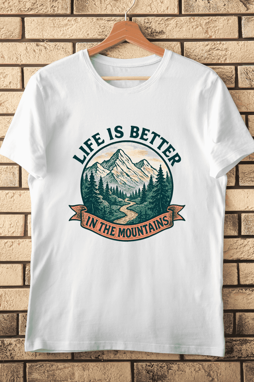 Vintage Mountain Landscape T-Shirt Design pinterest preview image.
