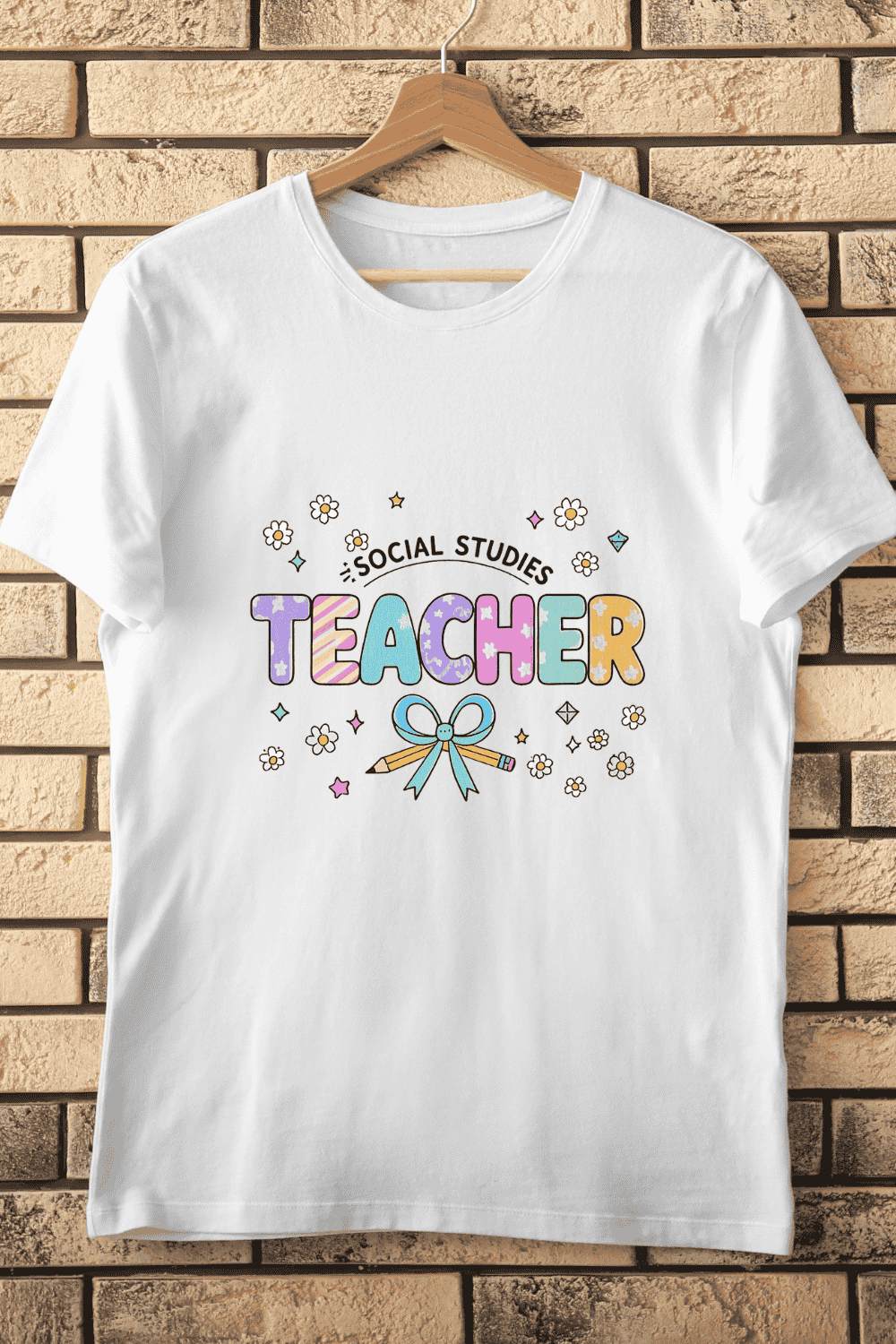 Cute Social Studies Teacher Pastel Text T-Shirt Design pinterest preview image.