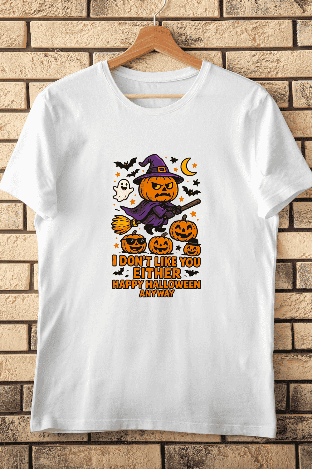 Cartoon Pumpkin Witch on Broom with Quote T-Shirt Design pinterest preview image.
