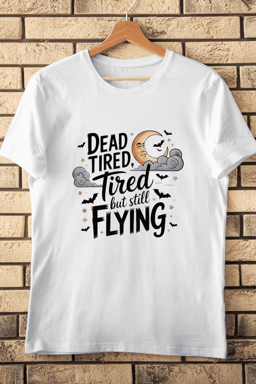 Tired Bat Moon T-Shirt Design pinterest preview image.