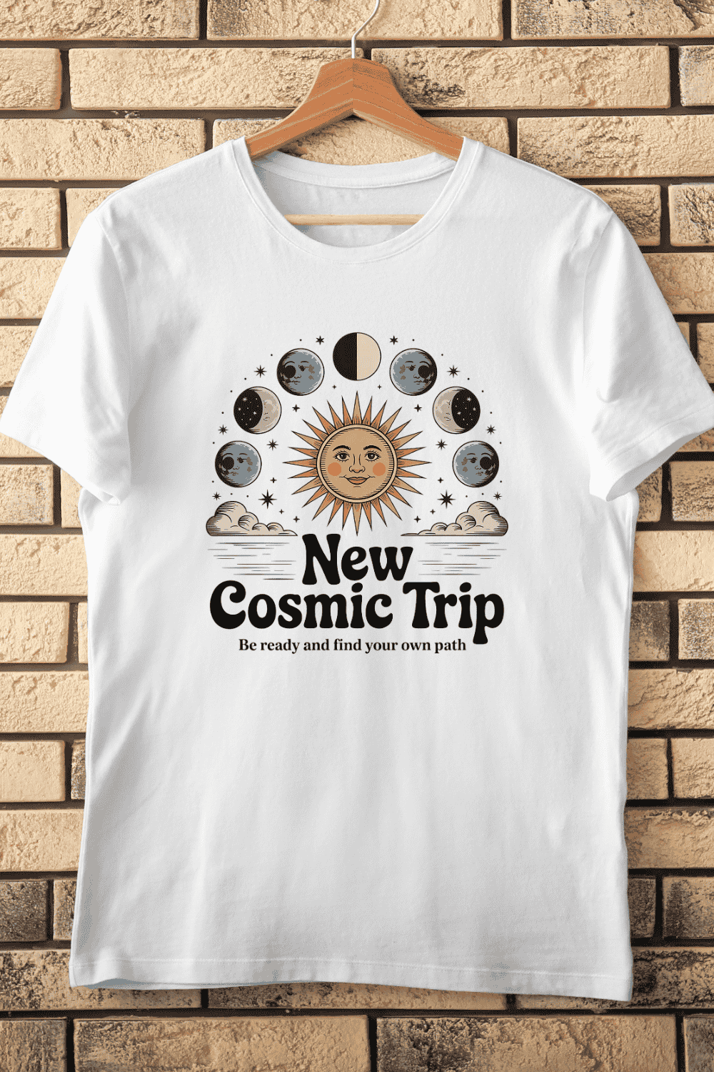 Boho Cosmic Adventure T-Shirt Design pinterest preview image.
