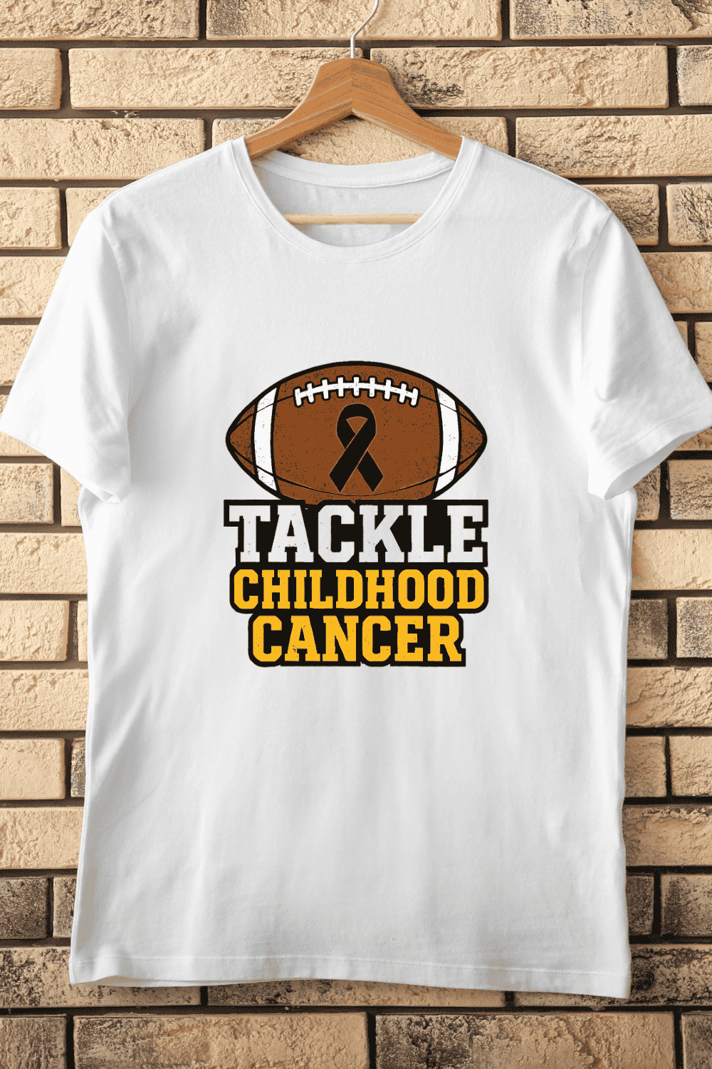 Black Ribbon Football Childhood Cancer T-Shirt Design pinterest preview image.