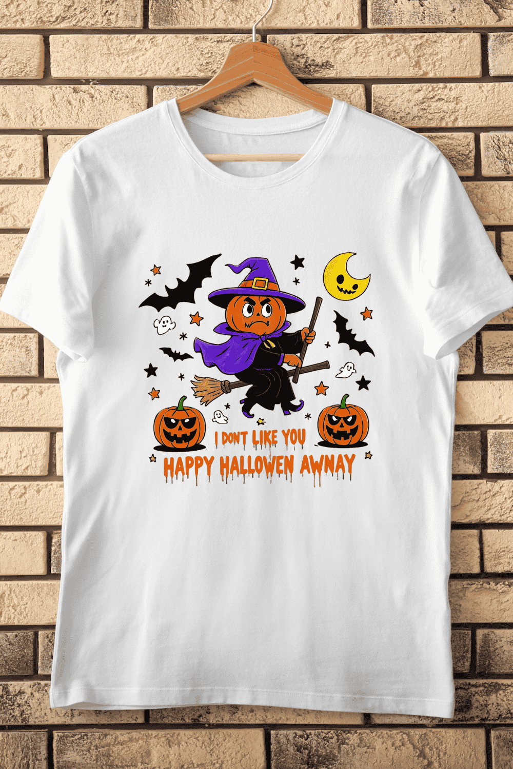 Funny Halloween Witch Pumpkin Head T-Shirt Design pinterest preview image.