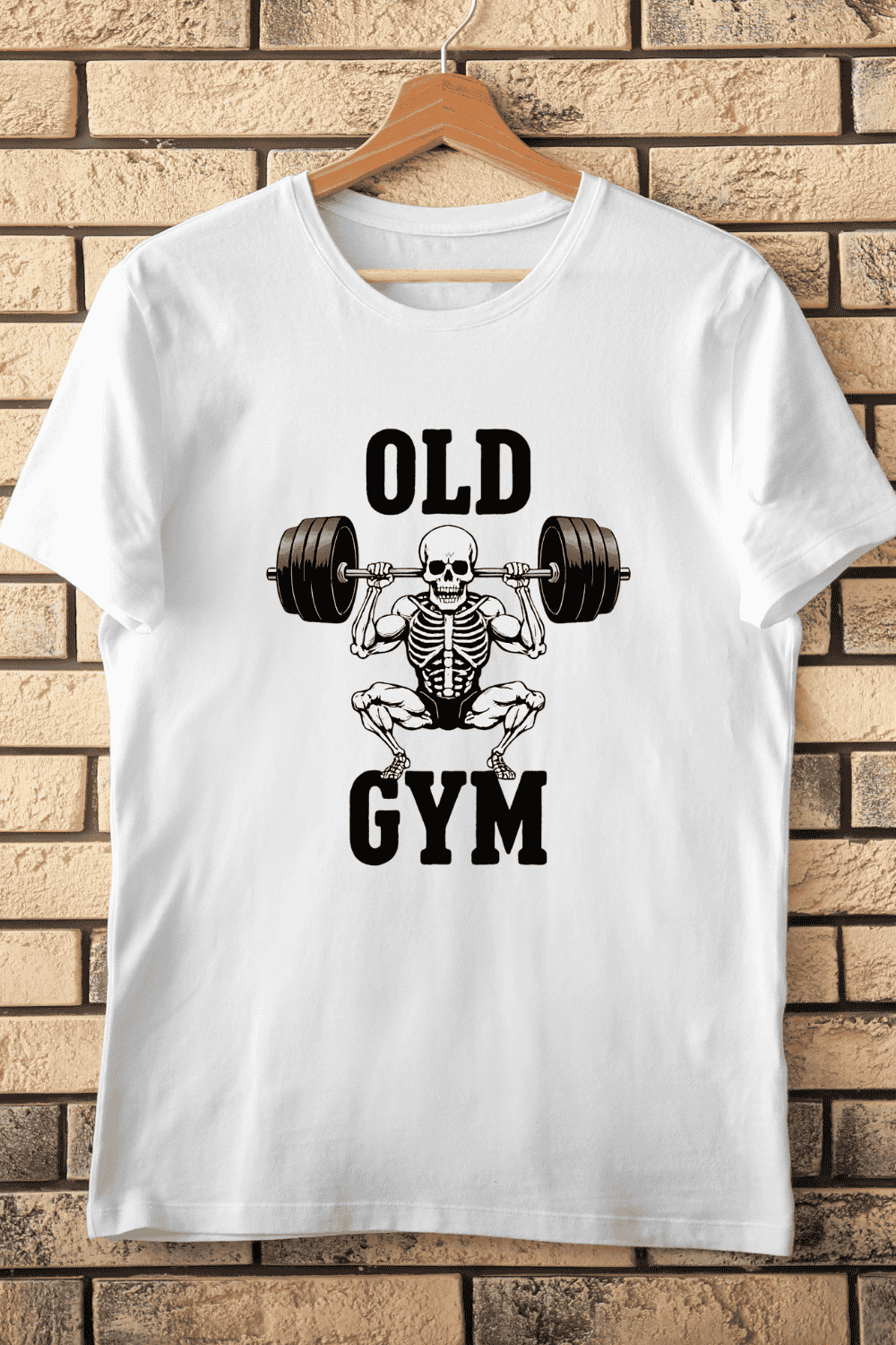 Skeleton Weightlifter Old Gym T-Shirt Design pinterest preview image.