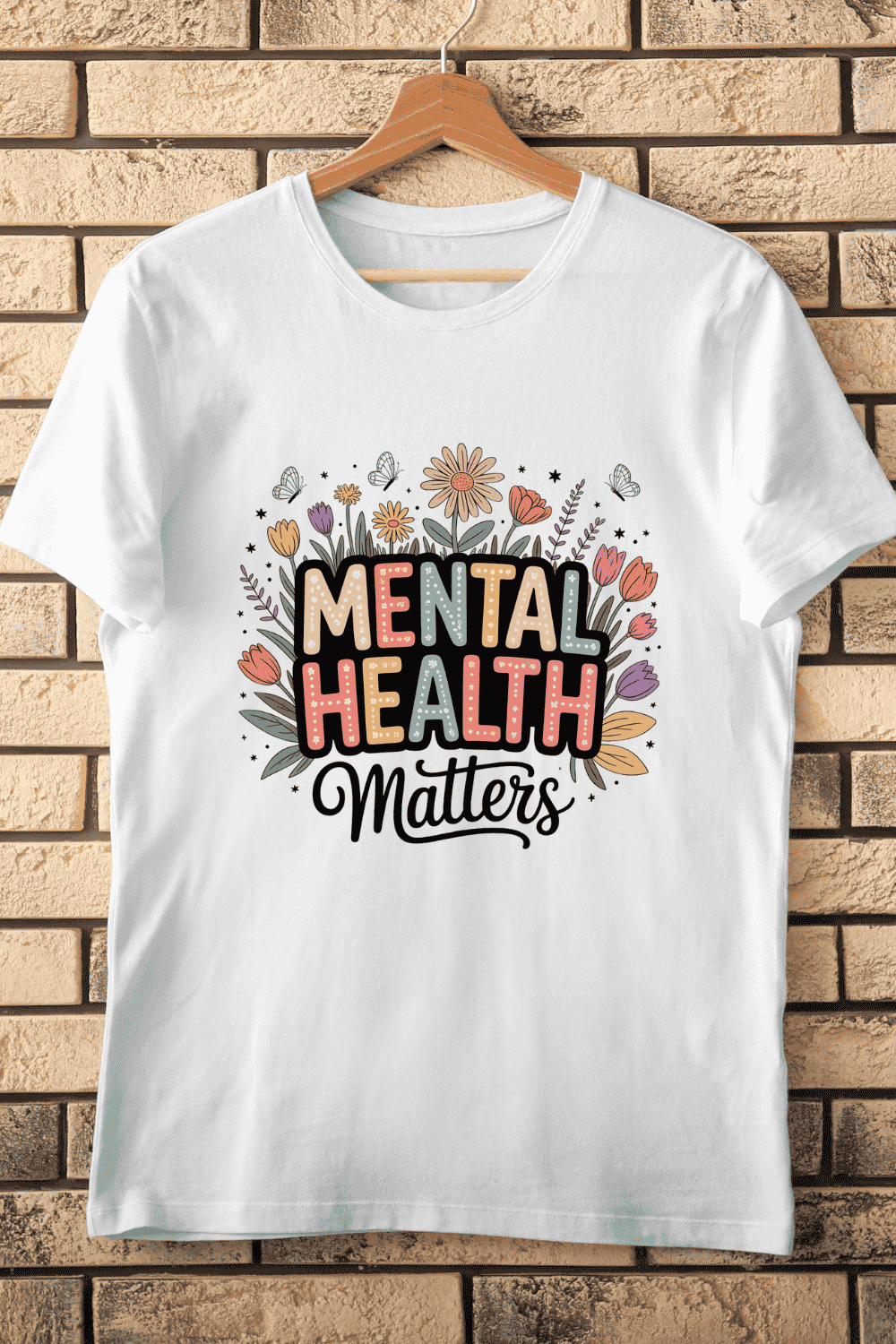 Mental Health Matters Quote with Flowers T-Shirt Design pinterest preview image.