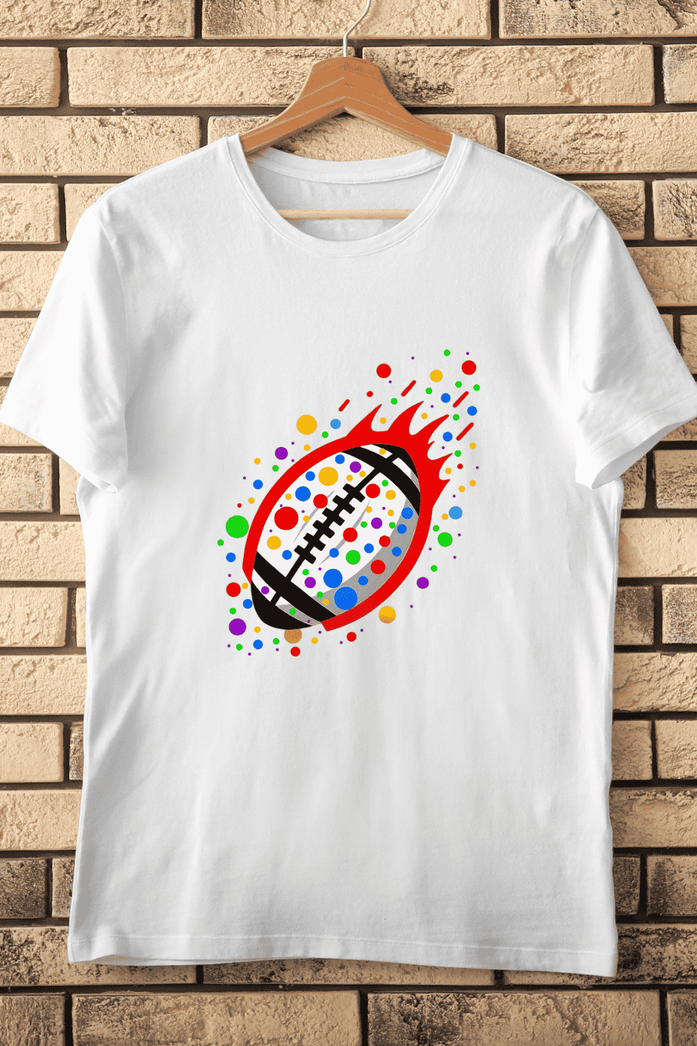 Dynamic Football with Colorful Dots T-Shirt Design pinterest preview image.