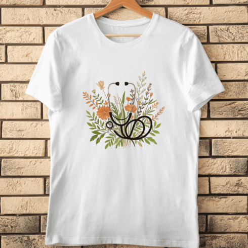 Stethoscope with Flowers and Leaves T-Shirt Design cover image.