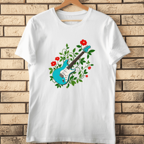 Electric Guitar with Flowers and Leaves T-Shirt Design cover image.