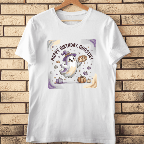 Cute Ghost Birthday Pizza T-Shirt Design cover image.
