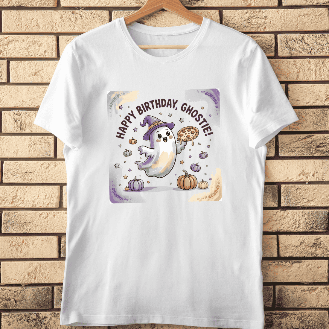 Cute Ghost Birthday Pizza T-Shirt Design cover image.