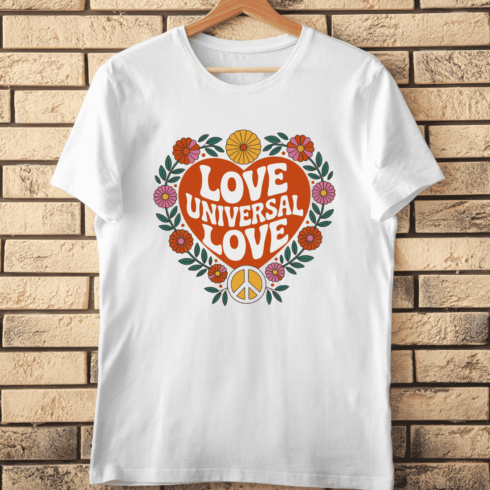 Colorful Floral Heart with Universal Love T-Shirt Design cover image.