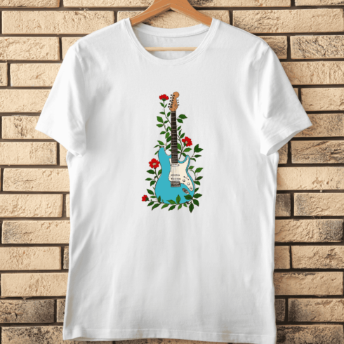 Blue Guitar with Red Flowers T-Shirt Design cover image.