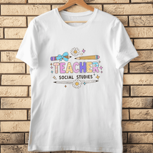 Colorful Teacher Typography with Flower T-Shirt Design cover image.