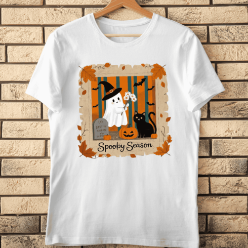 Cute Spoopy Season Ghost and Black Cat T-Shirt Design cover image.