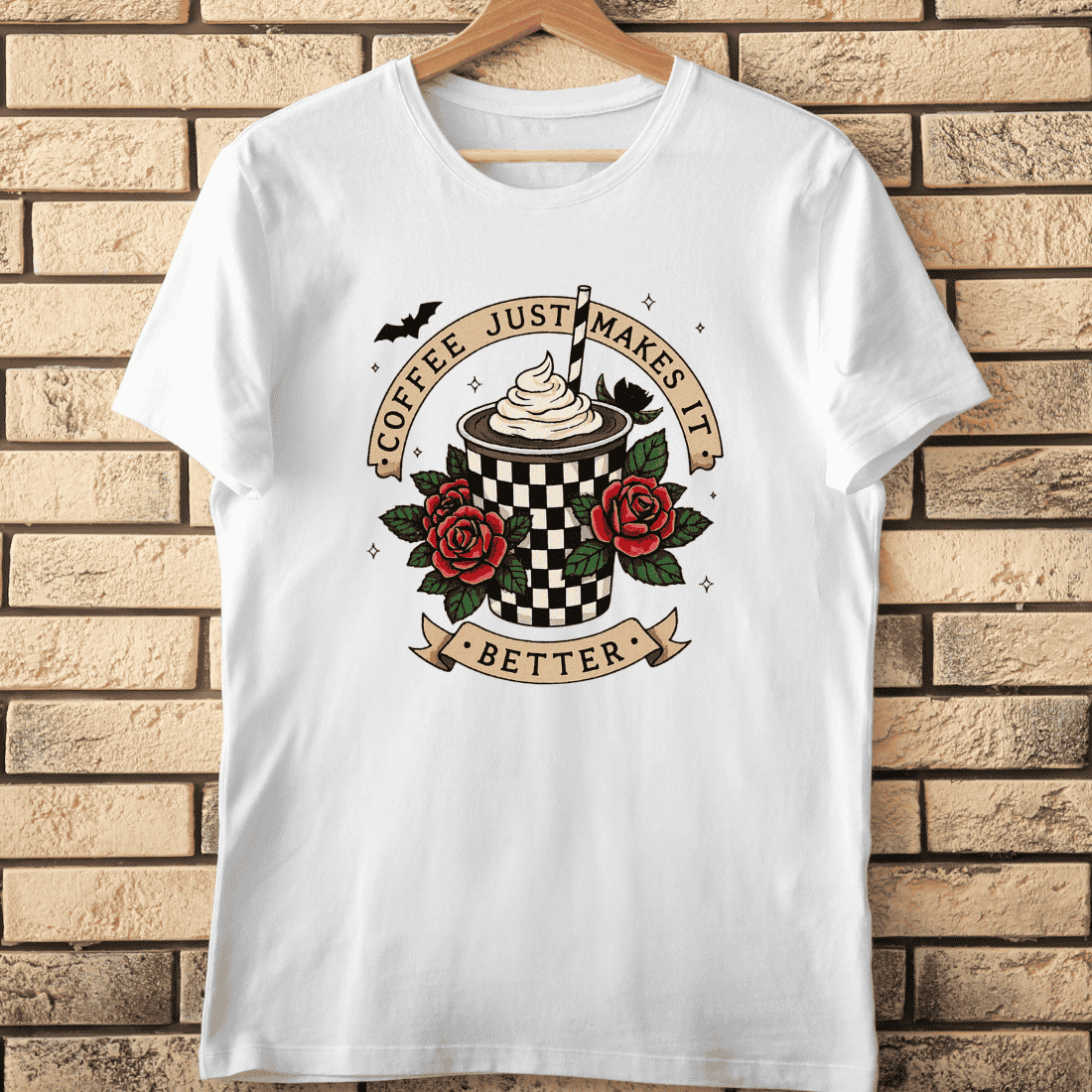 Coffee Just Makes It Better Vintage Cup and Roses T-Shirt Design cover image.
