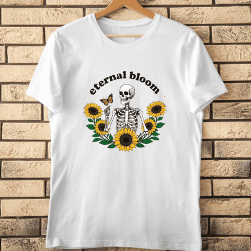 Eternal Bloom Skeleton and Sunflowers Retro T-Shirt Design cover image.