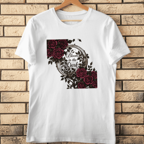 Bloom in the Dark Red Roses and Full Moon T-Shirt Design cover image.
