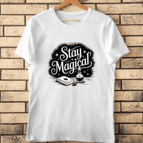 Black and White Stay Magical Fantasy T-Shirt Design cover image.